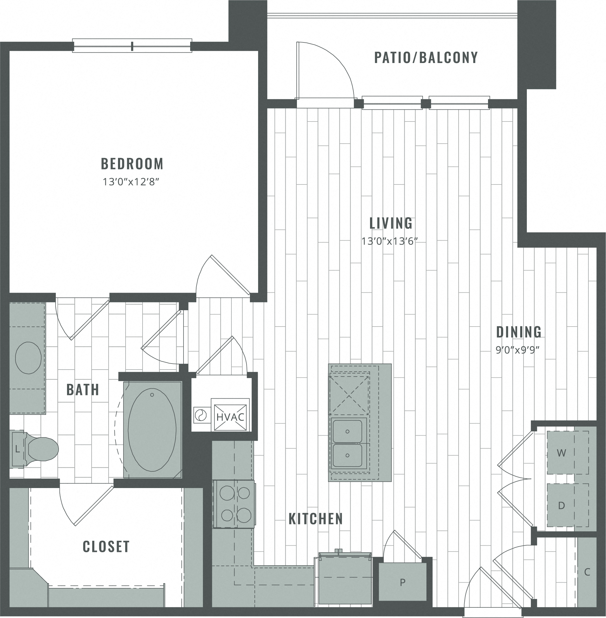 Floor plan for 1 bed, 1 bath, 866 sqft